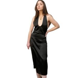 JASON WU Black Halter Neck Midi Dress Satin‎ Slit Size M